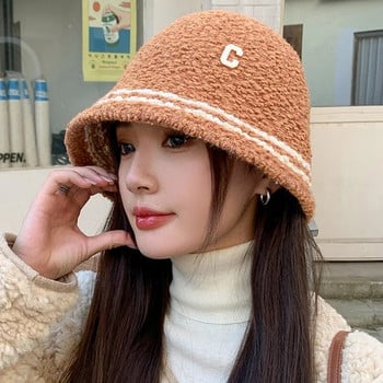 Νέο Καπέλο Lamb Wool Dome Bucket για Γυναικεία Winter Warm Fisherman Cap Panama μονόχρωμο γράμμα βελούδινο καπέλο λεκάνης για κορίτσια