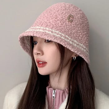 Νέο Καπέλο Lamb Wool Dome Bucket για Γυναικεία Winter Warm Fisherman Cap Panama μονόχρωμο γράμμα βελούδινο καπέλο λεκάνης για κορίτσια