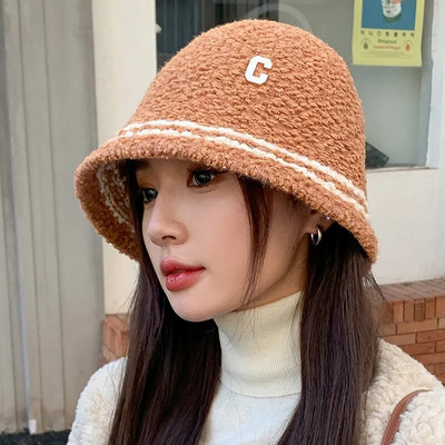 Novi šešir s kupolom od janjeće vune za žene, zimska topla ribarska panama kapa, jednobojna plišana šešir za umivaonik s slovima