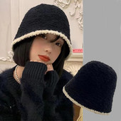 Crna plišana pletena ženska kapa od janjećeg runa Debela zimska topla ribarska kapa Vjetrootporna kupolasta kapa za umivaonik Panama