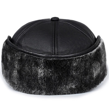Черни кожени бомбардировъчни шапки Зимни мъжки плюшени шапки с наушници с удебелена кожа Топли козирки Шапки Father Fishing Casquette Cap