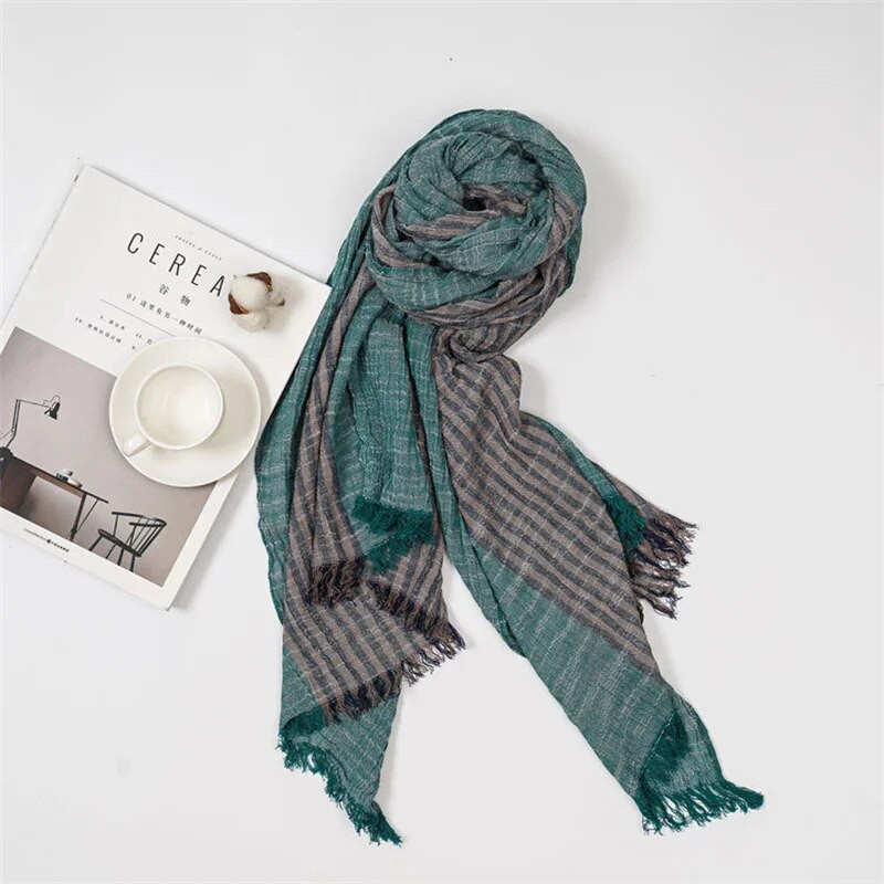 Japāņu korejiešu kokvilnas lina vīriešu šalle raibs svītrains modes vīriešu šalles vīriešu aksesuāri īss pušķis bufanda šalle