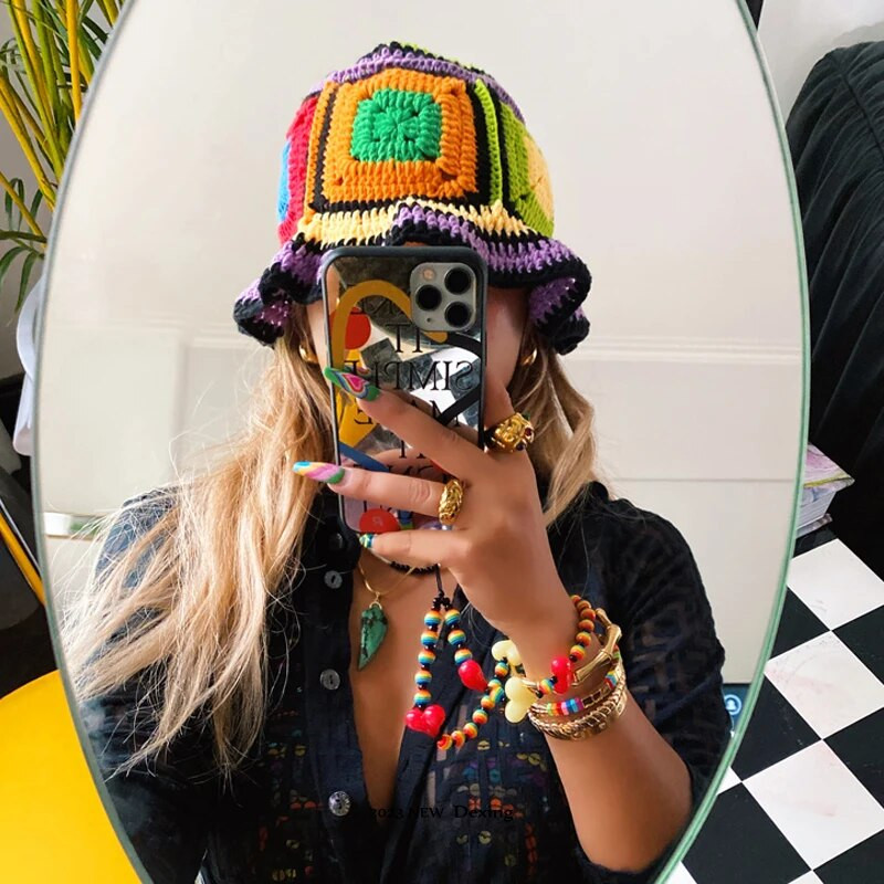 Šareni dugin heklani šešir Ženska kapa proljeće ljeto Šešir za sunčanje Ručno rađene pletene kape INS Korejske slatke kape Panama kapa