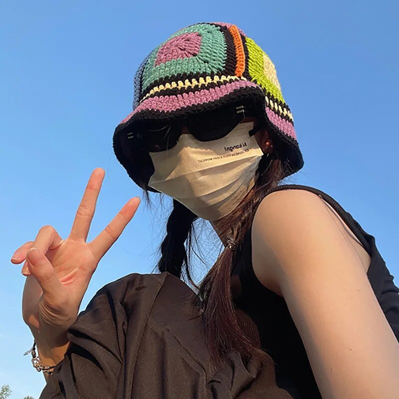 Šareni dugin heklani šešir Ženska kapa proljeće ljeto Šešir za sunčanje Ručno rađene pletene kape INS Korejske slatke kape Panama kapa