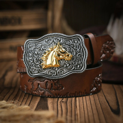 Western Cowboy bőr csatos övek lómintás virágos gravírozott csatos öv férfiaknak