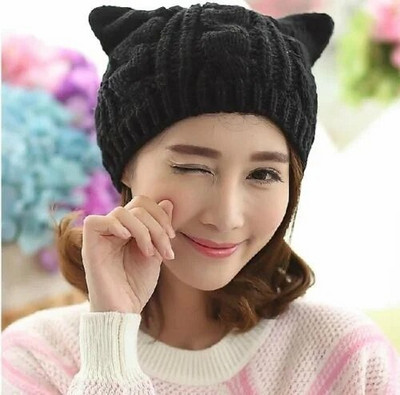 Sieviešu trikotāžas cepures ar kaķa ausīm asas adīšanas cepures siltas sieviešu pupiņas Tamborētas cepures Hip Hop cepure slēpošanas cepure Jauna