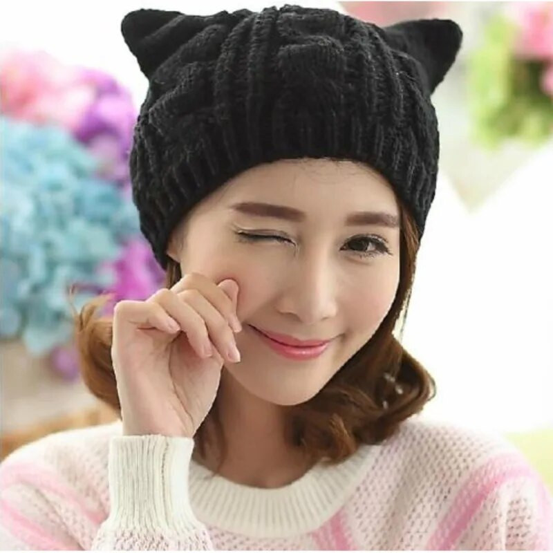 Sieviešu trikotāžas cepures ar kaķa ausīm asas adīšanas cepures siltas sieviešu pupiņas Tamborētas cepures Hip Hop cepure slēpošanas cepure Jauna