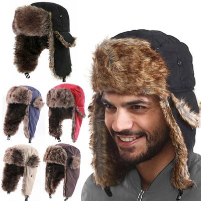 Unisex Warm Trapper Aviator Trooper Earflap Bomber skrybėlės vandeniui atsparios rusiškos žieminės aksominės slidinėjimo kepurės nuo vėjo nepraleidžiančios ausų apsaugos