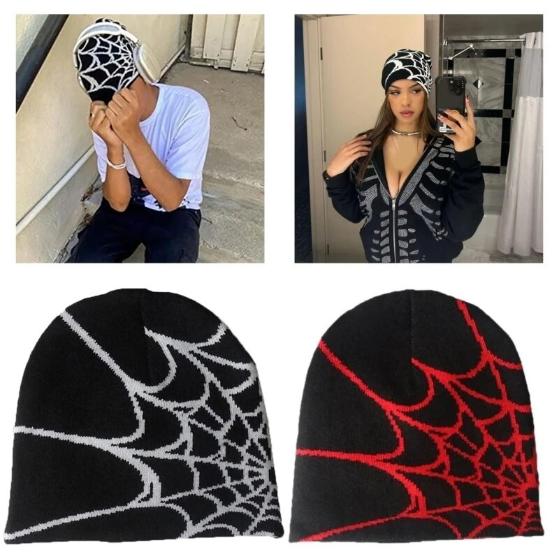 Y2K Beanie Spider Web Hat Y2K Kötött Beanie Hat Skullies Beanie Spider Web Beanie Hat Baggy Slouchy Beanie Cap Koponya sapka