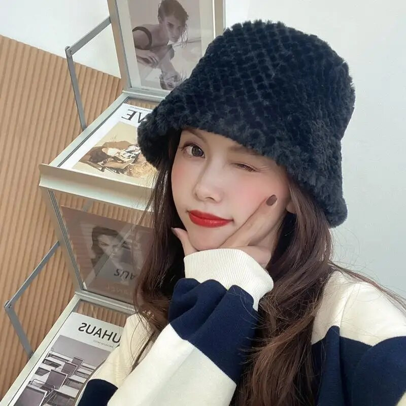Korejski šešir od zeca od umjetnog krzna za žene Jesen Zima Deblji plišani šešir Ribarski šešir Jednobojna topla kapa za djevojku Panama umivaonik