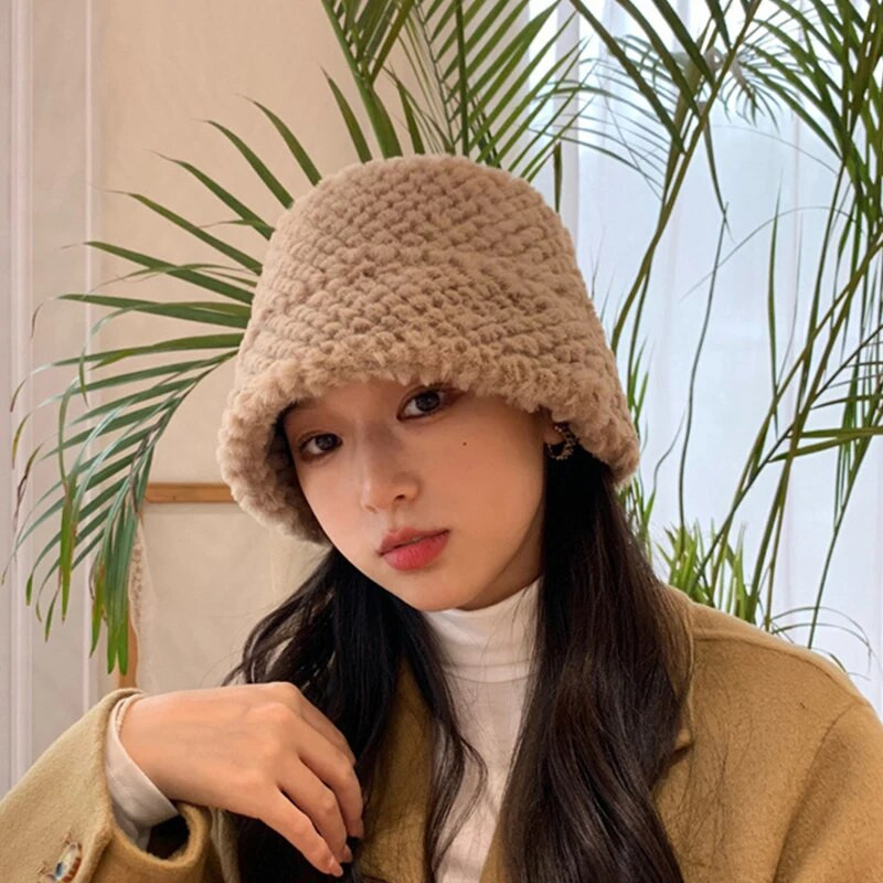 Korejski šešir od zeca od umjetnog krzna za žene Jesen Zima Deblji plišani šešir Ribarski šešir Jednobojna topla kapa za djevojku Panama umivaonik