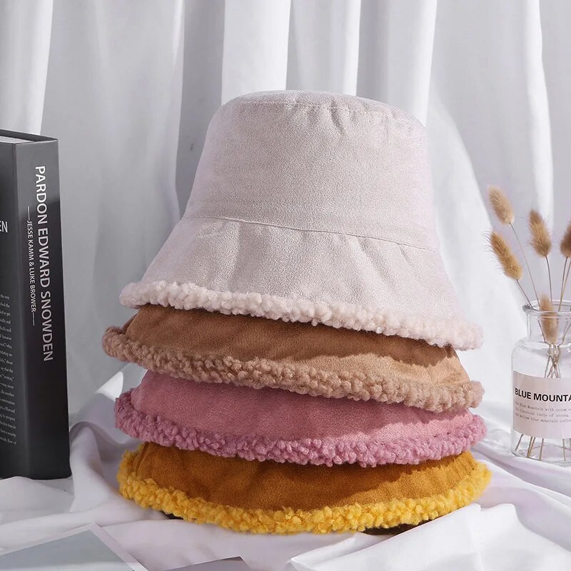 Divpusēja kausa cepure rudens ziemas silta bieza plīša makšķernieku cepures sievietēm korejiešu modes velveta jēra gaļa mākslīgā kažokāda Panamas pupiņas