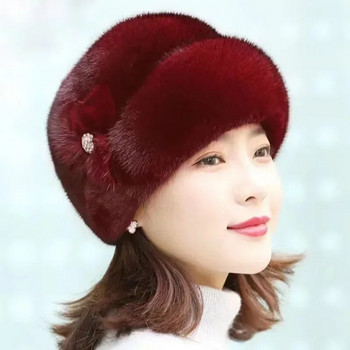 Зимна шапка Руска цветна декорация Удебелена луксозна топла едноцветна есенно-зимна топлинна шапка за жени на средна възраст за открито