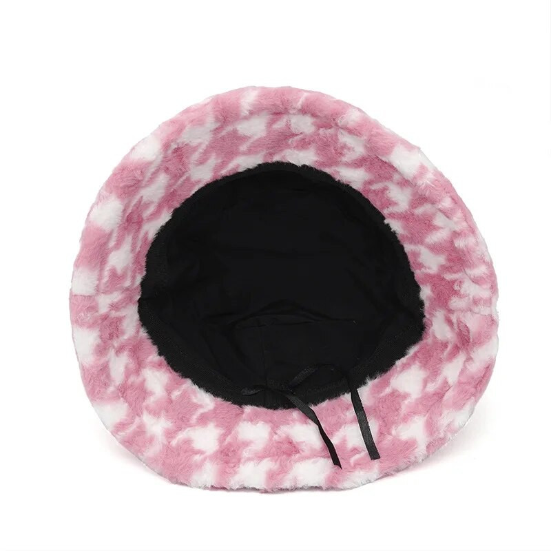 Luksuzna zimska pahuljasta ribarska kapa na otvorenom, ženska panama zadebljana karirana topla ribička kapa sa zečjim krznom od umjetnog krzna