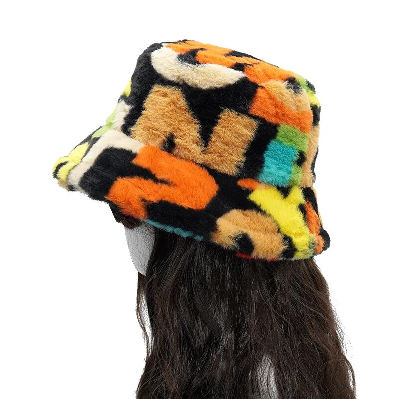 Ziemas vēstuļu apdruka Mākslīgās kažokādas kausa cepures sievietēm āra silta saules cepure pūkains samta zvejnieka cepure Lady Fashion Panama