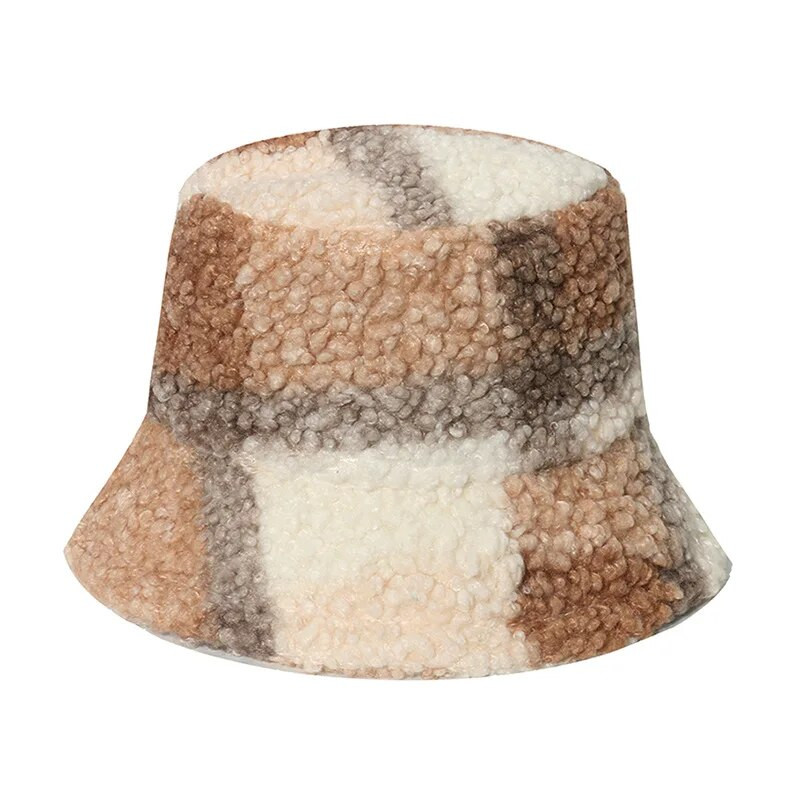 Zimski karirani print od umjetnog krzna Paperjasti šeširi Ženska topla kapa za sunčanje na otvorenom Mekana baršunasta ribarska kapa za djevojke Modna panama
