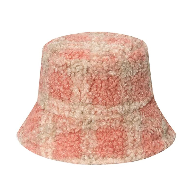 Zimski karirani print od umjetnog krzna Paperjasti šeširi Ženska topla kapa za sunčanje na otvorenom Mekana baršunasta ribarska kapa za djevojke Modna panama