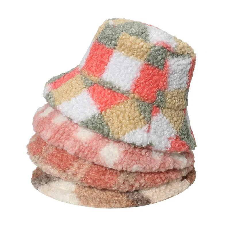 Zimski karirani print od umjetnog krzna Paperjasti šeširi Ženska topla kapa za sunčanje na otvorenom Mekana baršunasta ribarska kapa za djevojke Modna panama