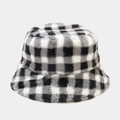 Modne zimske pahuljaste šešire od umjetnog krzna Ženske karirane printane tople šešire za sunčanje na otvorenom Mekani baršunasti krzneni ribarski šešir Djevojka Panama