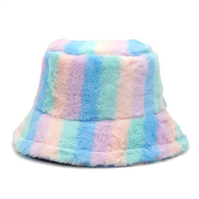 Jesen Zima Ženski šeširi s duginim prugama od umjetnog krzna Debeli topli ženski paperjasti panama šeširi Baršunasti ribarski šeširi na otvorenom