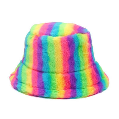 Jesen Zima Ženski šeširi s duginim prugama od umjetnog krzna Debeli topli ženski paperjasti panama šeširi Baršunasti ribarski šeširi na otvorenom