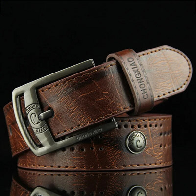 Men`s Casual Retro Antique Hollow Belt PU Leather High Quality Classic Belt Alloy Pin Buckle Belt For Men