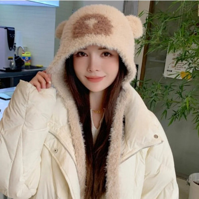 Talvine plüüsist müts Armas Väike karu kõrvad Beanid Naiste Pullover Mütsid Korea kõrvakaitse rihm Beanies müts kõrvaklapiga
