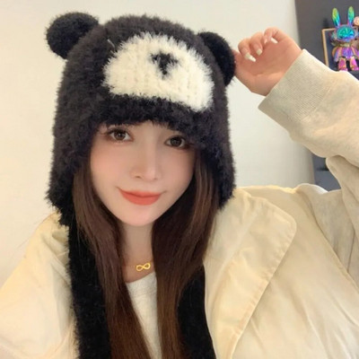 Talvine plüüsist müts Armas Väike karu kõrvad Beanid Naiste Pullover Mütsid Korea kõrvakaitse rihm Beanies müts kõrvaklapiga