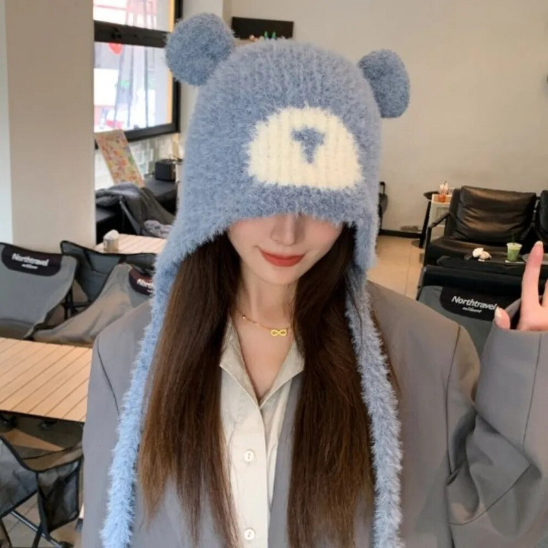 Talvine plüüsist müts Armas Väike karu kõrvad Beanid Naiste Pullover Mütsid Korea kõrvakaitse rihm Beanies müts kõrvaklapiga