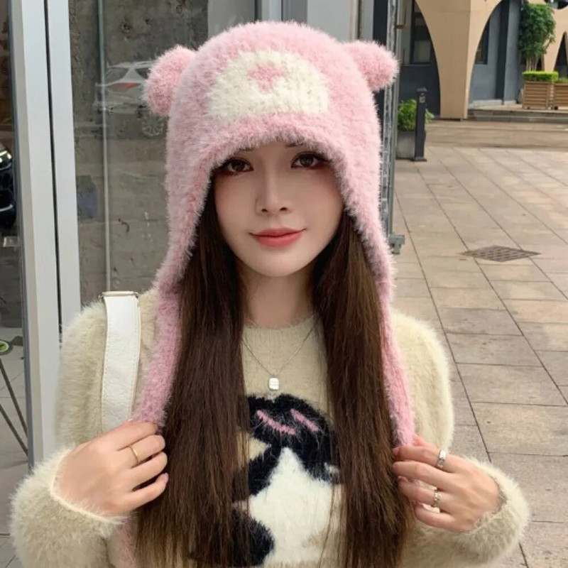 Talvine plüüsist müts Armas Väike karu kõrvad Beanid Naiste Pullover Mütsid Korea kõrvakaitse rihm Beanies müts kõrvaklapiga