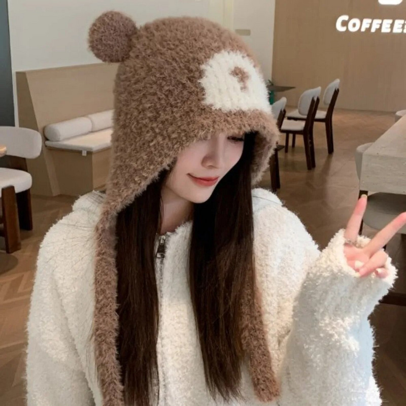 Talvine plüüsist müts Armas Väike karu kõrvad Beanid Naiste Pullover Mütsid Korea kõrvakaitse rihm Beanies müts kõrvaklapiga