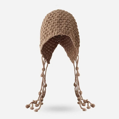 Jauka adīta ausu aizsargcepure Ziemas silta galvassega Pušķis tamborēta pārsegs pupiņas Roku darbs adīta Jaungada sarkana pulovera cepure