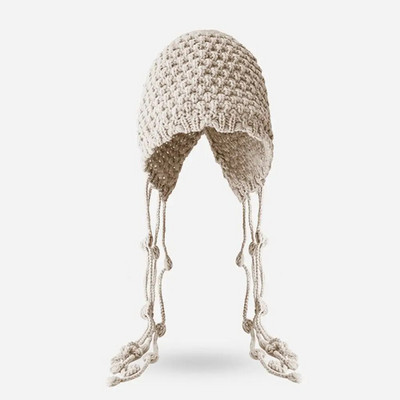 Jauka adīta ausu aizsargcepure Ziemas silta galvassega Pušķis tamborēta pārsegs pupiņas Roku darbs adīta Jaungada sarkana pulovera cepure