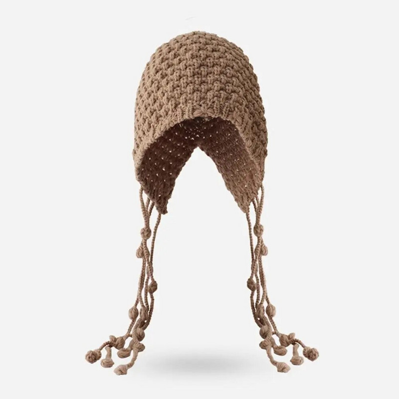 Jauka adīta ausu aizsargcepure Ziemas silta galvassega Pušķis tamborēta pārsegs pupiņas Roku darbs adīta Jaungada sarkana pulovera cepure