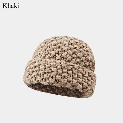 Téli vastag szál tű meleg sapka sapka nőknek egyszínű alkalmi vastagított gyapjú kötött sapka divat pár motorháztető sapkák
