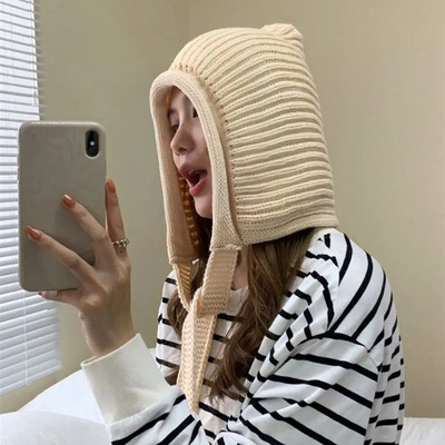 Žieminė moterų ausų apsaugos kepurė Vienspalvė miela megzta kepurė Kapotas lauke atsparus vėjui storas kašmyro šiltas kepurėlis nėrimas