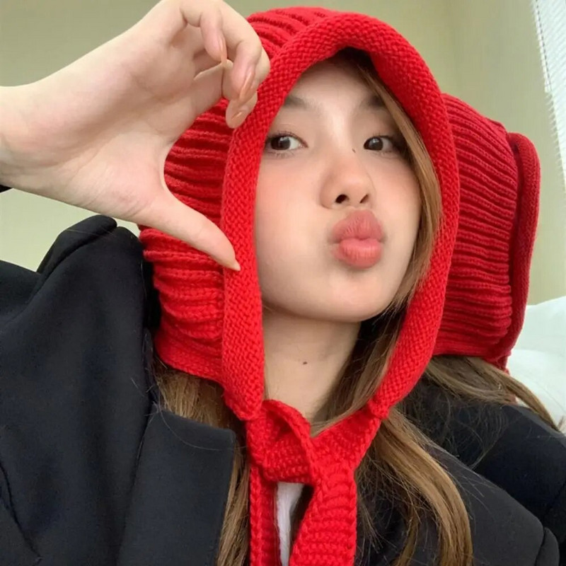 Žieminė moterų ausų apsaugos kepurė Vienspalvė miela megzta kepurė Kapotas lauke atsparus vėjui storas kašmyro šiltas kepurėlis nėrimas