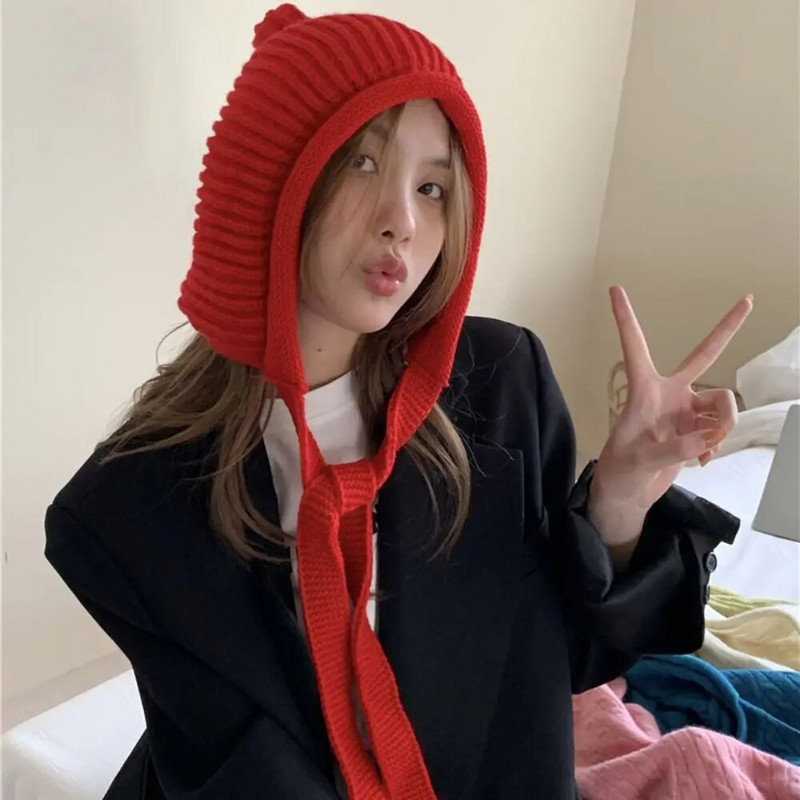 Žieminė moterų ausų apsaugos kepurė Vienspalvė miela megzta kepurė Kapotas lauke atsparus vėjui storas kašmyro šiltas kepurėlis nėrimas