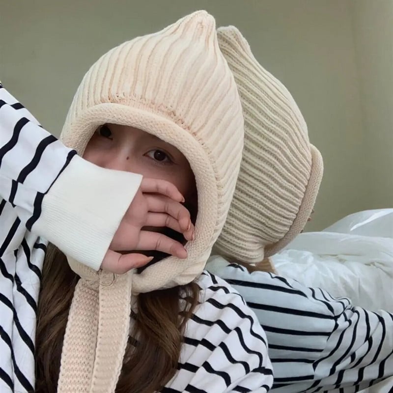 Žieminė moterų ausų apsaugos kepurė Vienspalvė miela megzta kepurė Kapotas lauke atsparus vėjui storas kašmyro šiltas kepurėlis nėrimas
