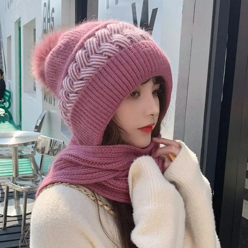 Integrēta ausu aizsardzības cepure Šalle ar kapuci kakla sildītājs Adīšana biezināšana āra slēpošanai riteņbraukšana vēja necaurlaidīga cepure pūkains pupiņas vāciņš