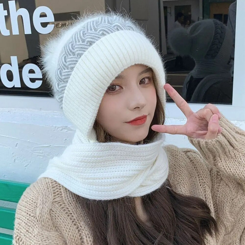 Integrēta ausu aizsardzības cepure Šalle ar kapuci kakla sildītājs Adīšana biezināšana āra slēpošanai riteņbraukšana vēja necaurlaidīga cepure pūkains pupiņas vāciņš