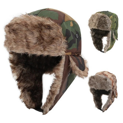 Camo Military Style Unisex Russian Faux-Fur Aviator Bomber Lumberjack Trapper Hats for Men Women