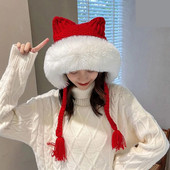 Sievietēm ziemas silta cepure jaukas kaķa ausis dāmas kawaii adītas tamborētas pupiņas cepures āra ausu aizsargvāciņš ar virvi