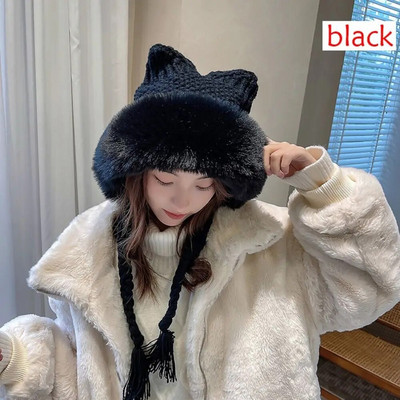 Sievietēm ziemas silta cepure jaukas kaķa ausis dāmas kawaii adītas tamborētas pupiņas cepures āra ausu aizsargvāciņš ar virvi