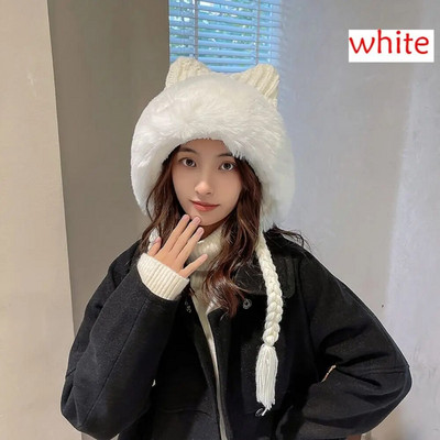 Sievietēm ziemas silta cepure jaukas kaķa ausis dāmas kawaii adītas tamborētas pupiņas cepures āra ausu aizsargvāciņš ar virvi