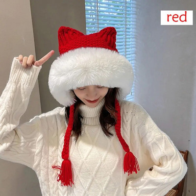 Sievietēm ziemas silta cepure jaukas kaķa ausis dāmas kawaii adītas tamborētas pupiņas cepures āra ausu aizsargvāciņš ar virvi