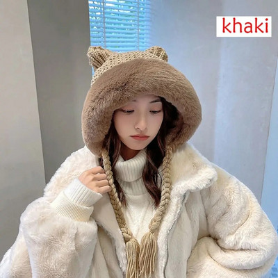 Sievietēm ziemas silta cepure jaukas kaķa ausis dāmas kawaii adītas tamborētas pupiņas cepures āra ausu aizsargvāciņš ar virvi