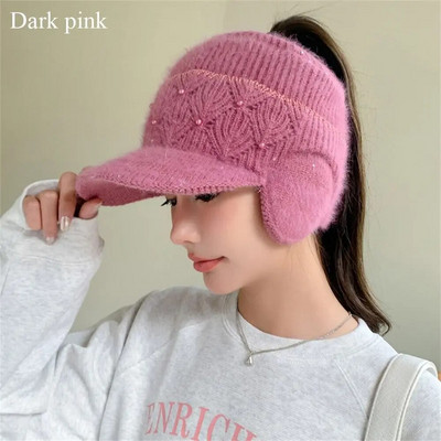 Zimske kape za žene Jednobojne tople naušnice Pletene kape s repićima s praznim vrhom Ženske jesensko-zimske bejzbol kape s biserom