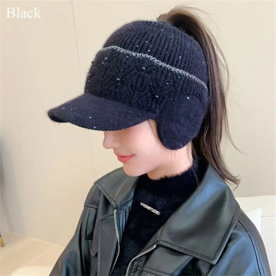 Zimske kape za žene Jednobojne tople naušnice Pletene kape s repićima s praznim vrhom Ženske jesensko-zimske bejzbol kape s biserom