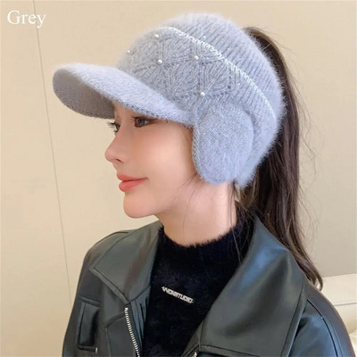 Zimske kape za žene Jednobojne tople naušnice Pletene kape s repićima s praznim vrhom Ženske jesensko-zimske bejzbol kape s biserom